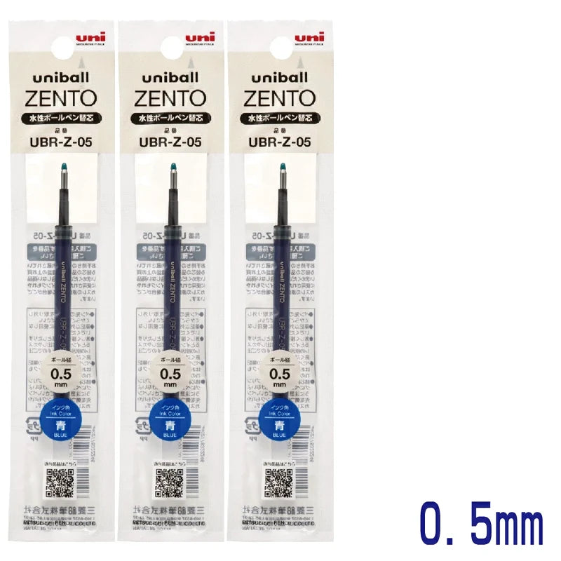 Three packs of UniBall ZENTO precision gel pens with 0.5mm tips and quick-drying ink.