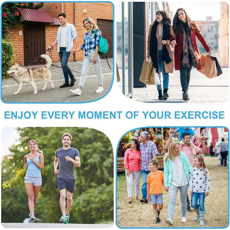 A collage showing people exercising outdoors, including a woman walking a dog and individuals jogging in a park.