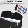 A black accordion file organizer with colored labels for classifying papers.