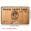 A brown cardboard credit card mock-up with a hand-drawn portrait and the text OFFICIAL CREDIT CARD TRUST ME
