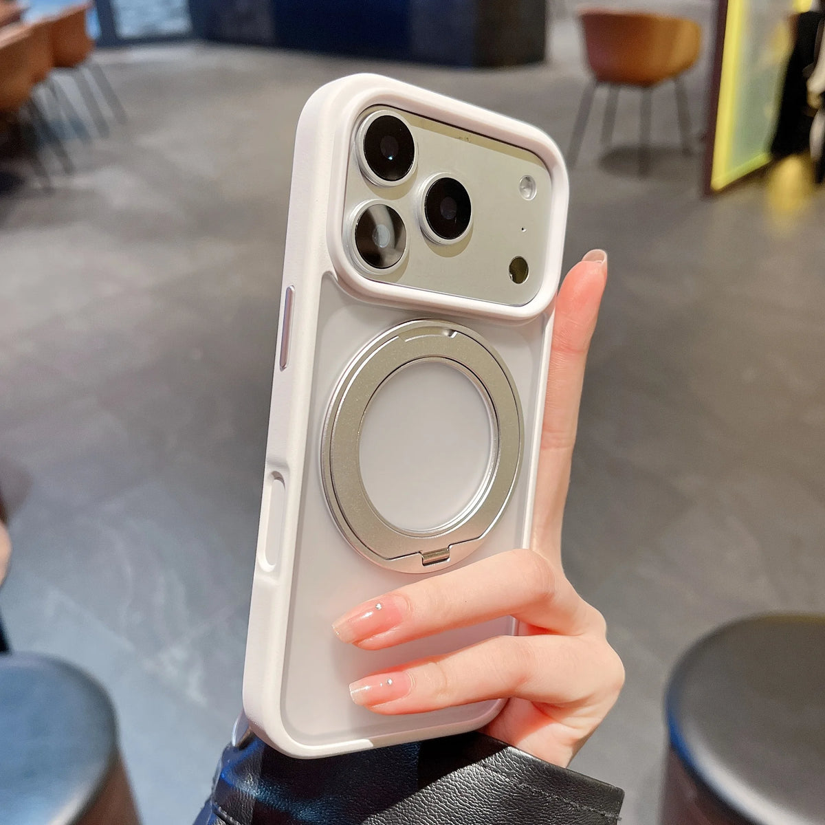 A hand holds a white magnetic 360° rotating phone case with a stand, displaying the camera module.