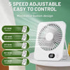 A white portable folding USB fan with five speed adjustable settings is shown against a green background.
