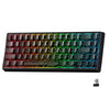 A black mechanical keyboard with RGB lighting showing various switch types and connectivity options.