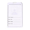 Porta tarjetas de plástico blanco con líneas en blanco para nombre, número de identificación, departamento y puesto.