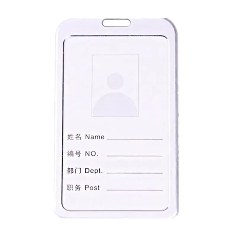 Porta tarjetas de plástico blanco con líneas en blanco para nombre, número de identificación, departamento y puesto.