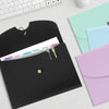 A black A4 accordion file organizer with a white tab showing subjects like Math, Science, Language, Reading, and Writing.
