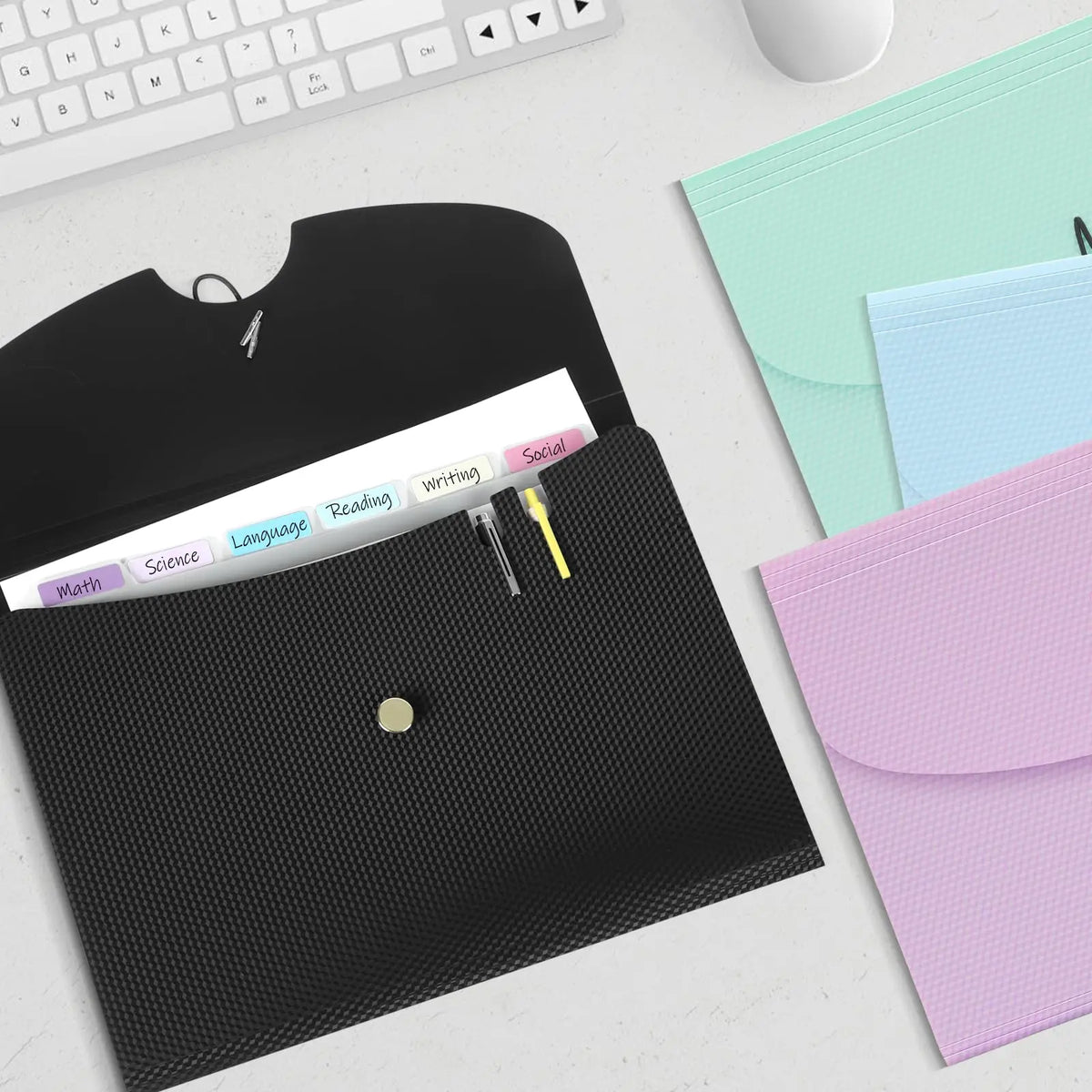 A black A4 accordion file organizer with a white tab showing subjects like Math, Science, Language, Reading, and Writing.
