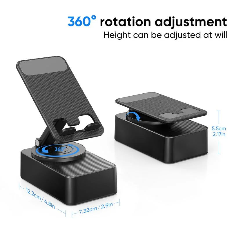 A black wireless speaker with an adjustable phone stand and night light, showing its 360 degree rotation and height adjustmen
