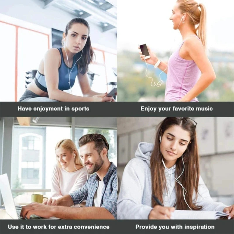 A collage showing people enjoying sports, music, and work with portable wired earphones.