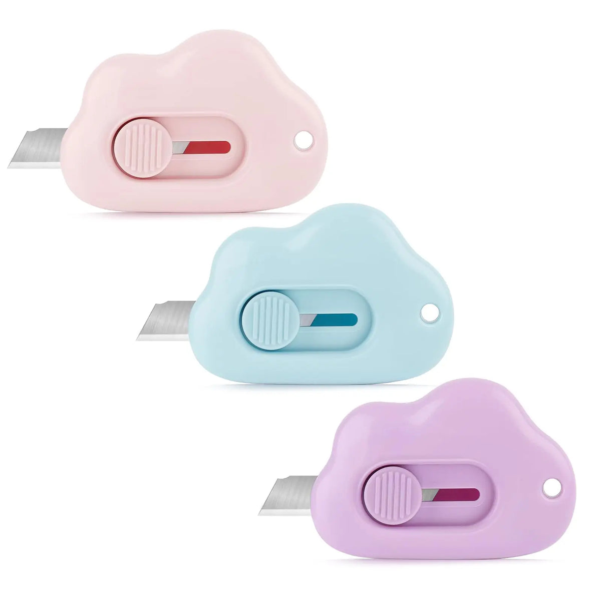Drei Versionen eines rosa und blauen ausziehbaren Mini-Brieföffners mit Schlüsselanhänger.