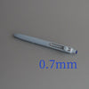 A close-up view of a light gray precision gel pen with a 0.7mm tip.