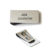 Silver metal money clip wallet engraved with the name JIM and the number 123456789