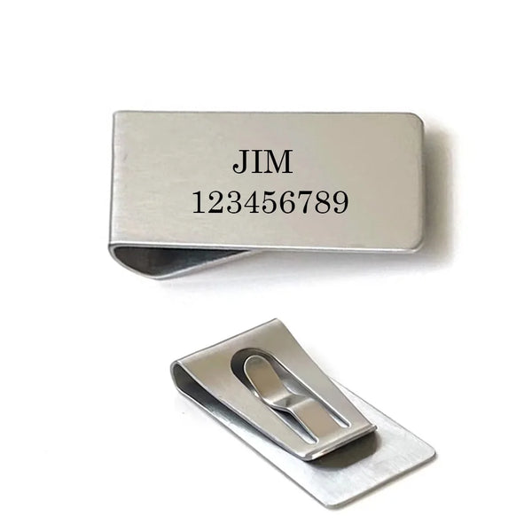 Silberner Metall-Geldclip-Wallet mit den Namen JIM und der Nummer 123456789 graviert