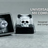 A monochrome skull resin mechanical keycap is shown next to its housing, highlighting universal cherry MX compatibility.