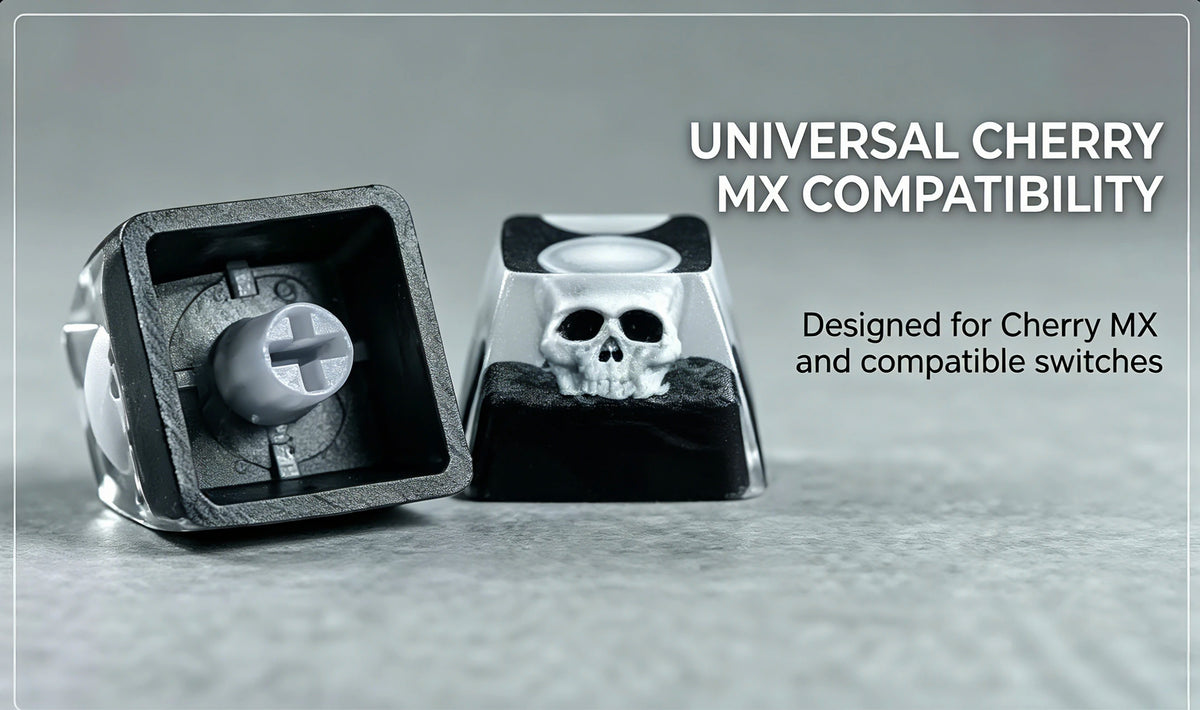 A monochrome skull resin mechanical keycap is shown next to its housing, highlighting universal cherry MX compatibility.