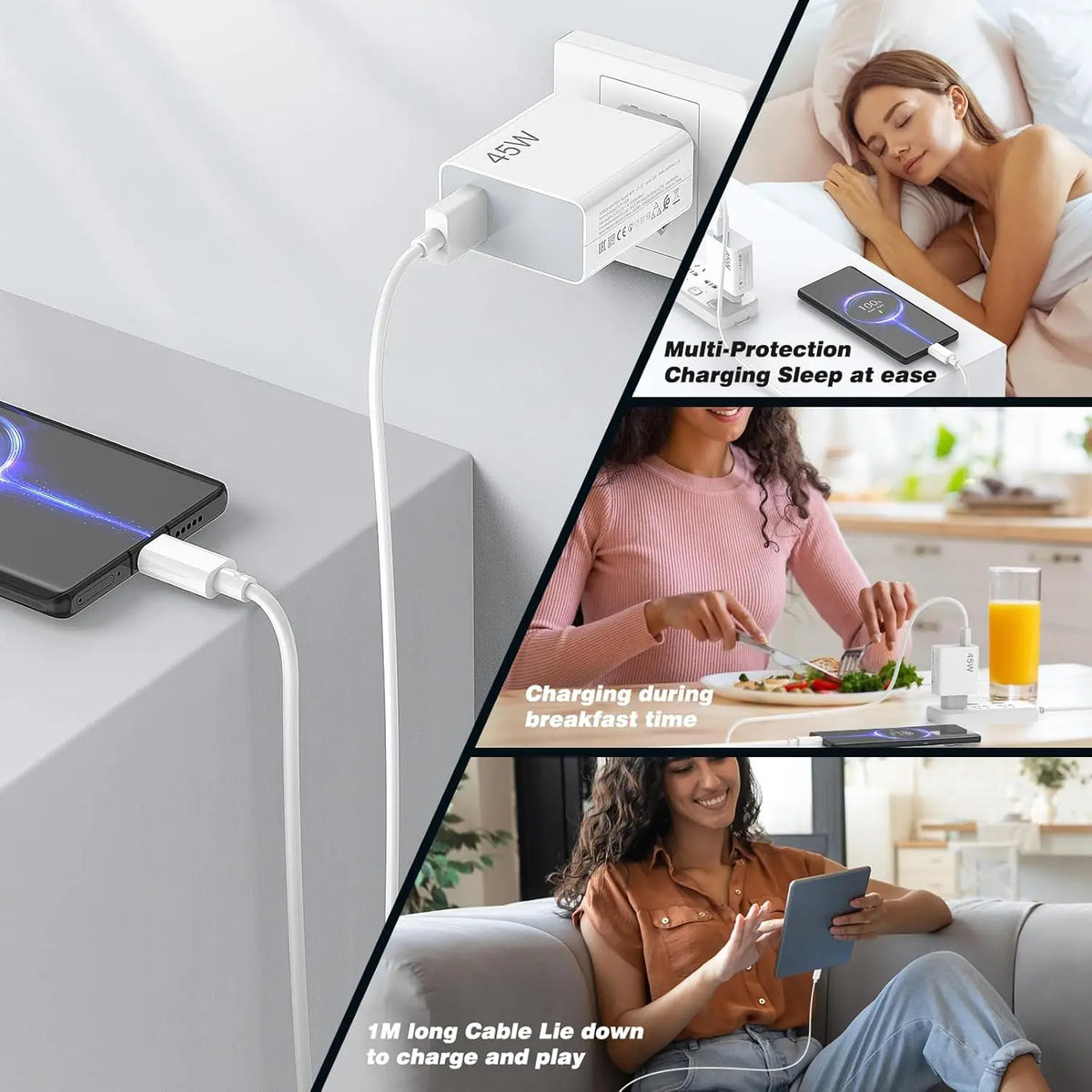 A multi-protection charging cable is shown being used to charge a smartphone during various daily activities.