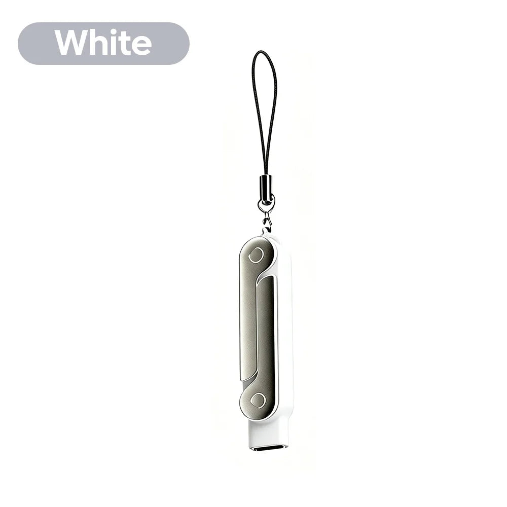 White USB-C to USB-C adapter and phone stand with a black cord.