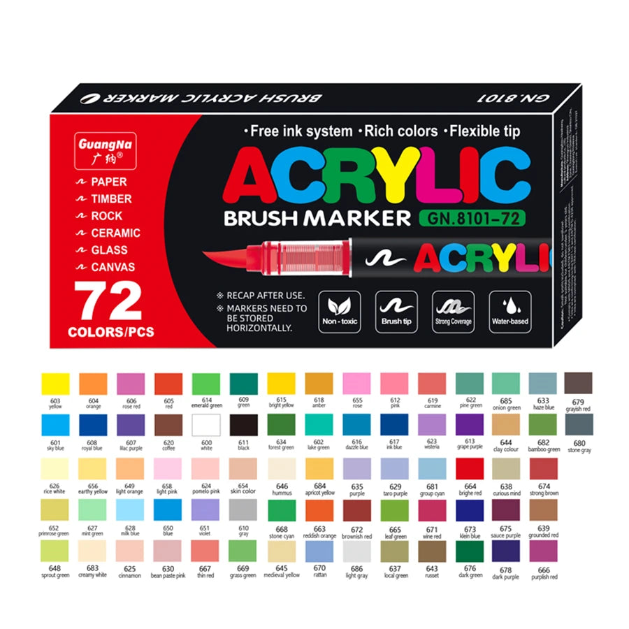 Box of Acrylic Brush Markers featuring 72 colors and pieces for art and crafting