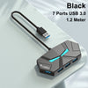 Black USB 3.0 multi-port hub with seven ports and a 1.2 meter cable shown on a white surface.