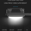 A compact flashlight with a magnetic base shows four gear functions: Long Press, High Light, Low Light, and SOS.