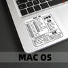 A close-up of a laptop keyboard showing a sticker with Mac OS command key functions and shortcuts.