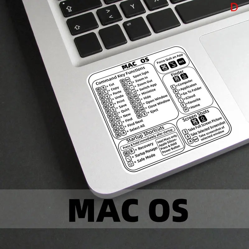 A close-up of a laptop keyboard showing a sticker with Mac OS command key functions and shortcuts.