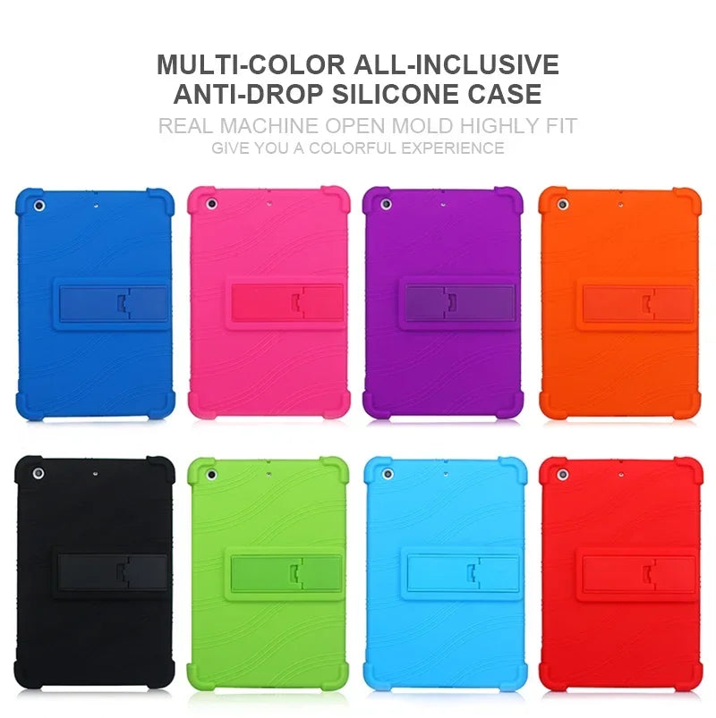 Colección de fundas de silicona anti-caída multicolor para iPad, mostradas en varios tonos vibrantes.