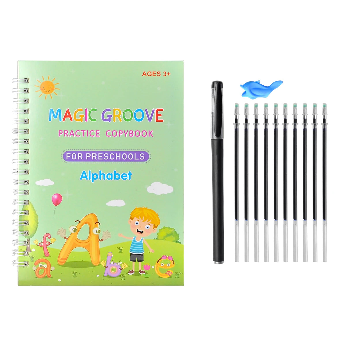 A set of 4 Magic Groove practice copybook for preschoolers with alphabet letters and pens.