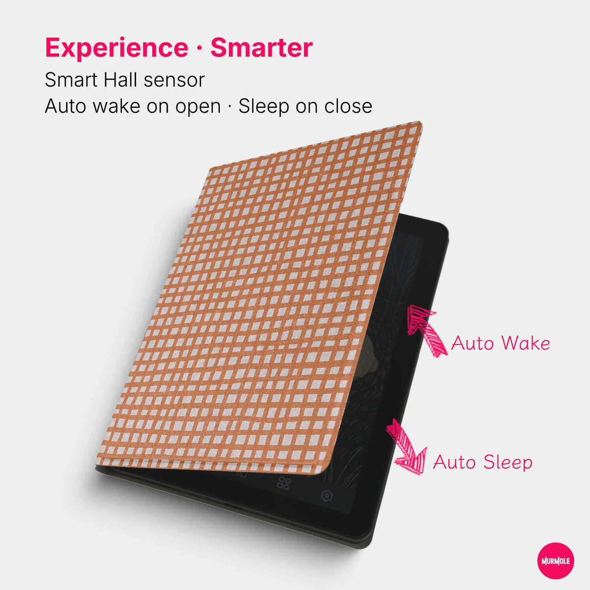 A beige patterned magnetic folio cover for a Bigme B6 e-reader demonstrating auto wake and sleep features.