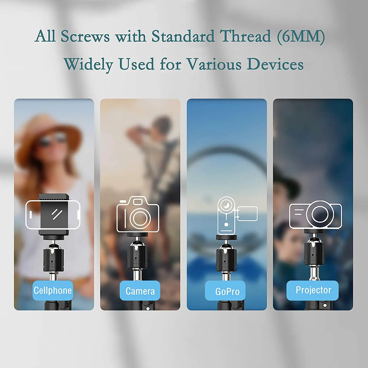 A set of screws with standard thread used for various devices like cellphones, cameras, GoPro, and projectors.