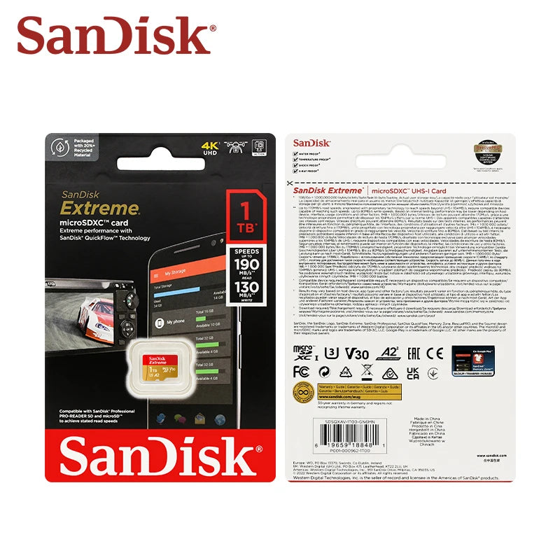 Sandisk Extreme microSDXC memory card packaging showing a 1TB card and related accessories.
