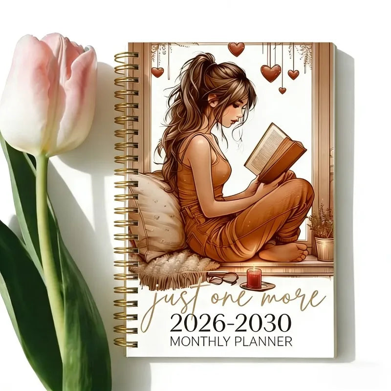 A monthly planner featuring a woman reading, surrounded by a pink tulip and natural light.