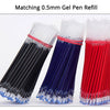 Tres juegos de recambios de bolígrafo de gel de 0.5 mm en colores negro, azul y rojo mostrados uno al lado del otro.