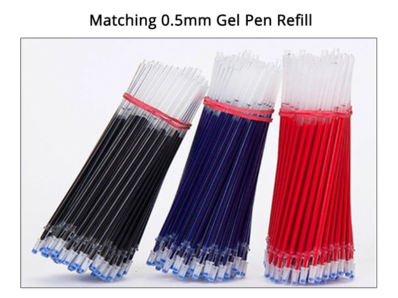 Tres juegos de recambios de bolígrafo de gel de 0.5 mm en colores negro, azul y rojo mostrados uno al lado del otro.