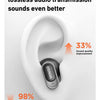 A white earphone is shown inside a stylized human ear, illustrating sound transmission features.