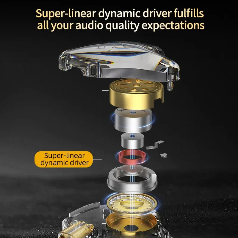 Close-up view of a super-linear dynamic driver assembly for in-ear monitors showing various components and gold accents