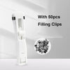White handheld binder clip pusher with 50 pieces of stainless steel filling clips shown next to the product.