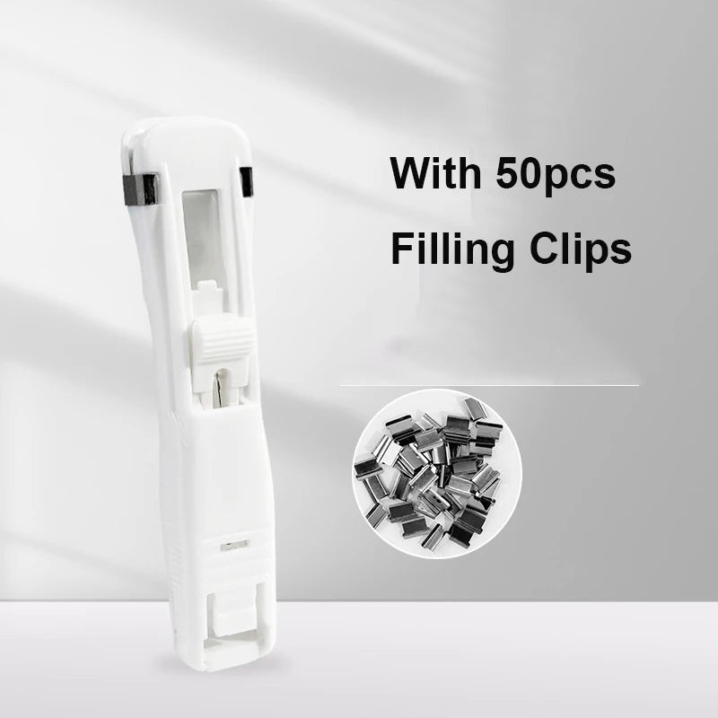 White handheld binder clip pusher with 50 pieces of stainless steel filling clips shown next to the product.