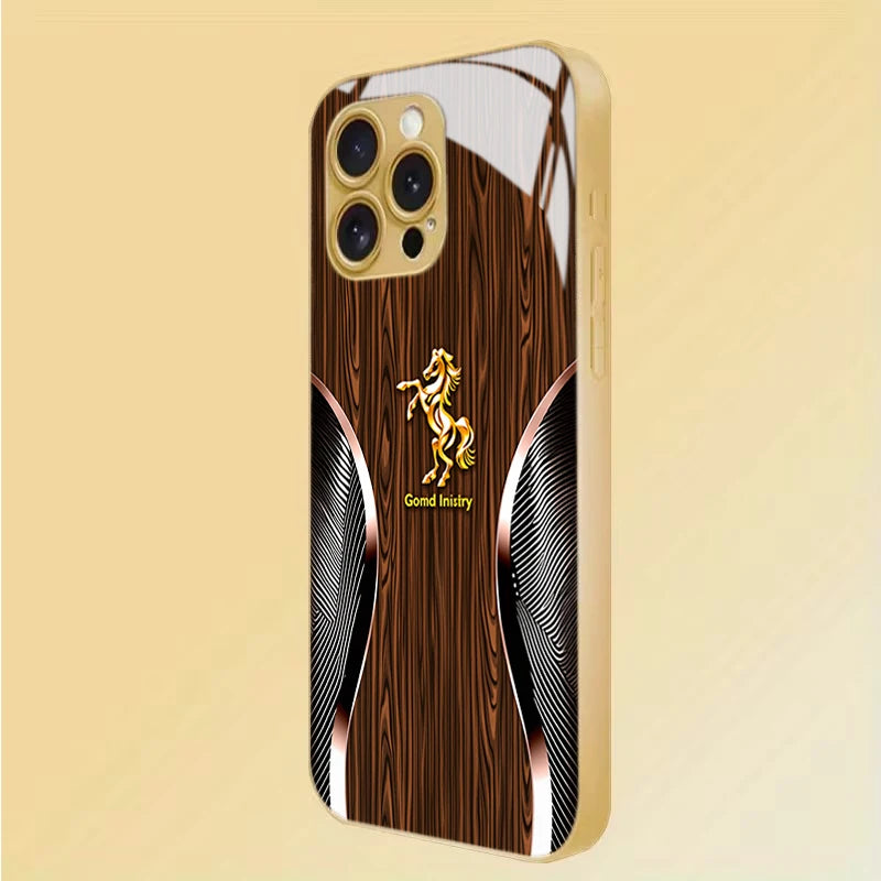 A beige phone case for an iPhone featuring a wood grain design and a golden horse silhouette.
