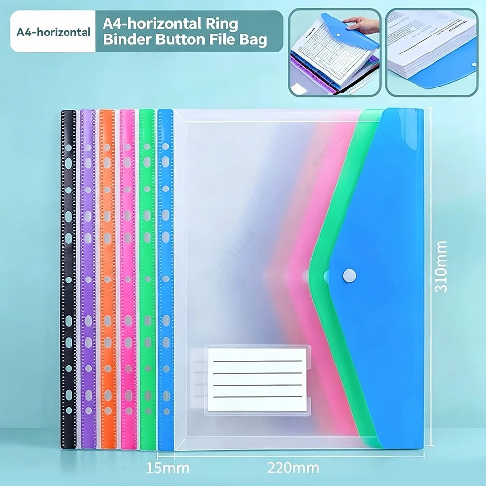 A4 horizontal ring binder button file bag shown with various colored rings and a blue cover.