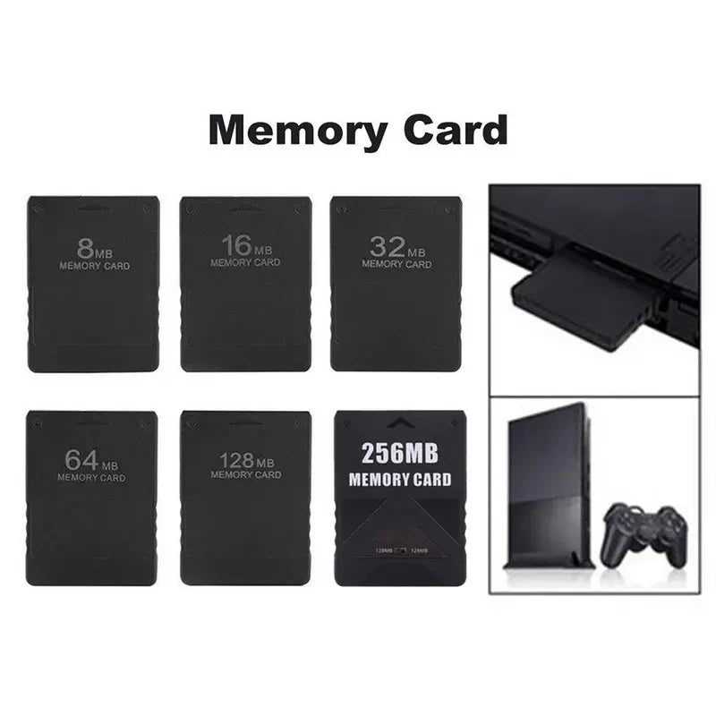 A collection of various capacity memory cards, including 8MB, 16MB, 32MB, 64MB, 128MB, and 256MB cards, shown alongside an ad