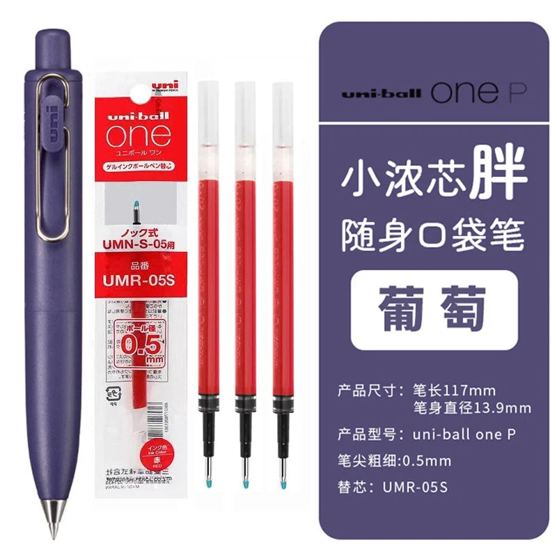 A purple Uni-Ball One P mini gel pen and replacement ink cartridges are shown.