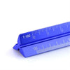A blue aluminum triangular scale ruler showing markings up to 2 units.