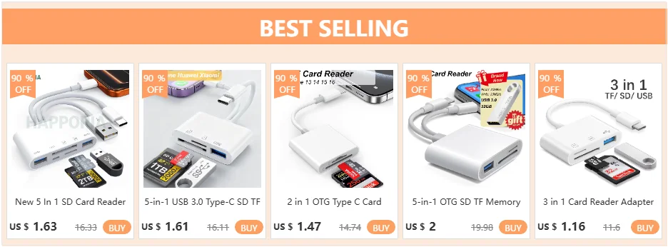 Un juego de adaptadores lector de tarjetas SD y tarjetas de memoria USB-C a diversas tarjetas.