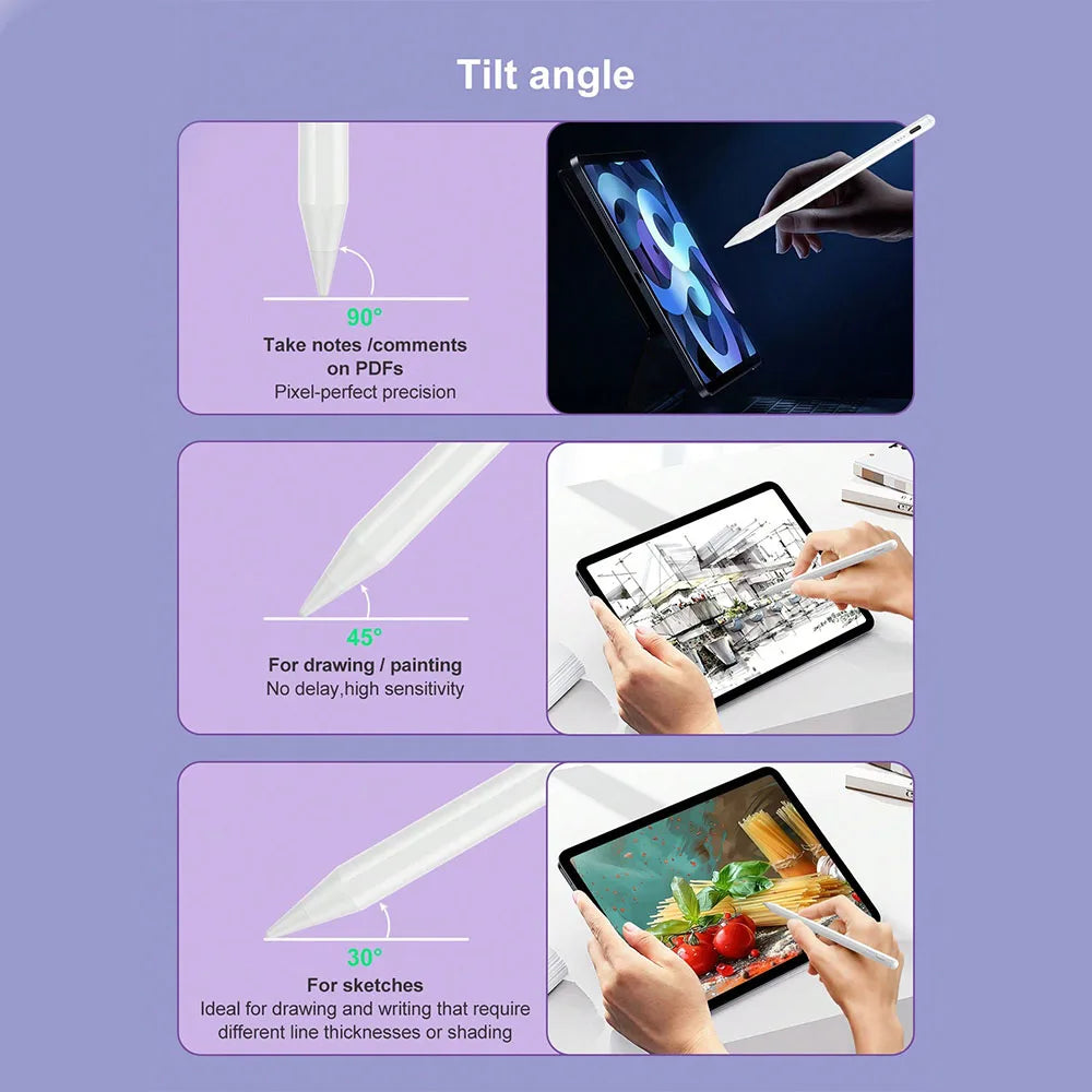 Demonstration of a tilt angle feature on a stylus pen for drawing and note-taking on an iPad.