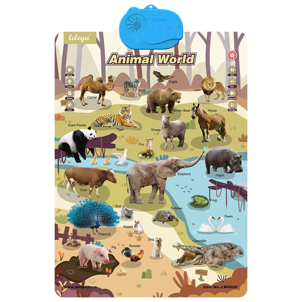 An Animal World alphabet chart featuring various animals like elephants tigers and deer for preschool learning