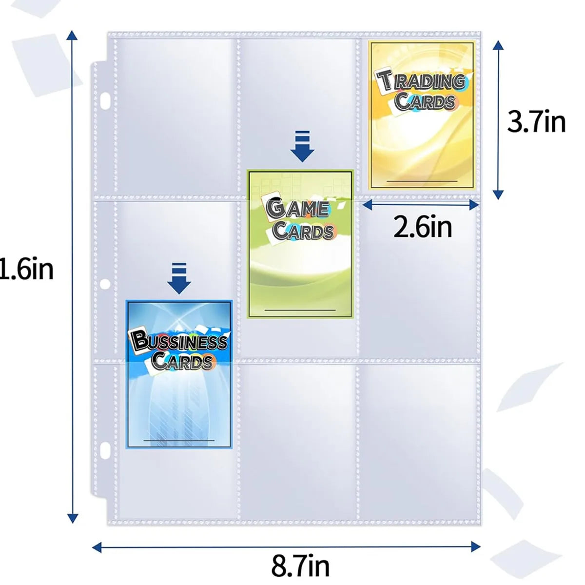 A display of nine-pocket double-sided card sleeve pages for binder albums showing various sized trading and game cards.