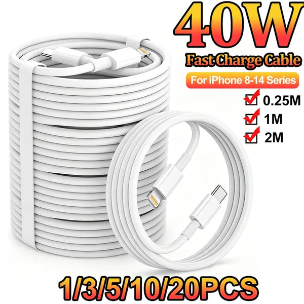 A stack of 1/3/5/10/20 pieces of 40W fast charge cables for iPhone 8-14 series devices.
