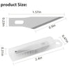 A precision craft knife blade and a clear plastic ruler are shown with their respective dimensions.