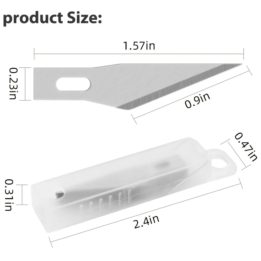 A precision craft knife blade and a clear plastic ruler are shown with their respective dimensions.